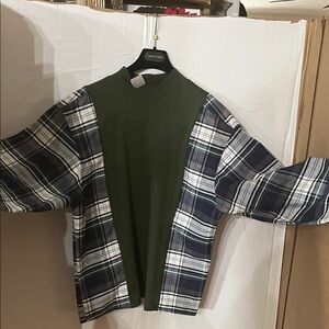 Upcycled Plaid Long Sleeve Top - Green and Black. Was a large but been resized.